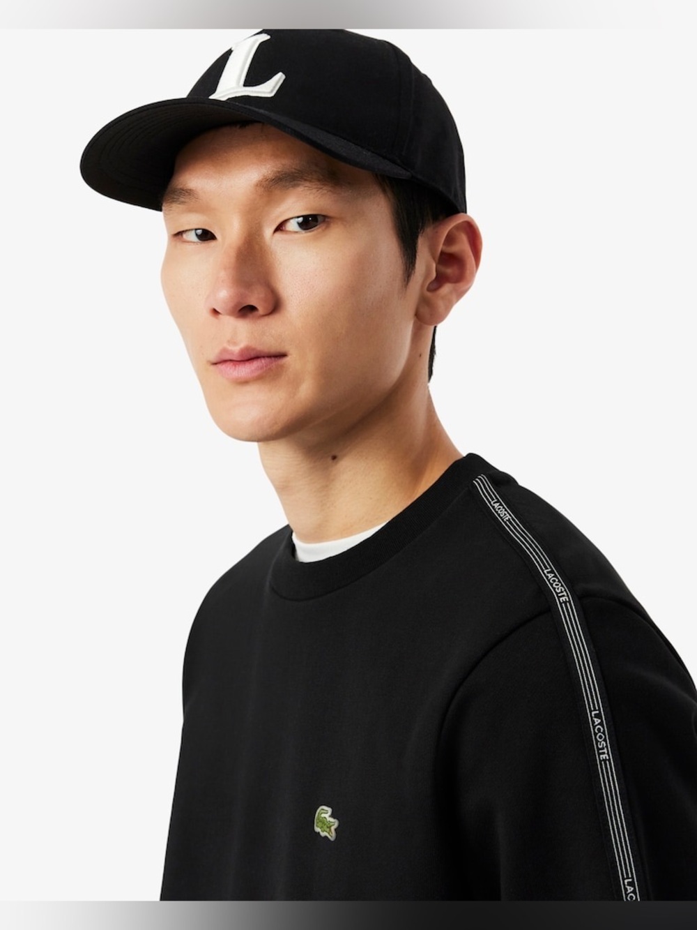 Lacoste Black Crewneck Sweatshirt with White Sleeve Tape Stripe Band Fleece XXL - Picture 3 of 13